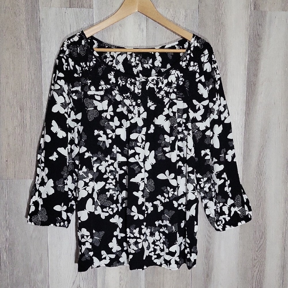 Talbots Womens XL Blouse Dotted Butterfly Smocked 3/4 Sleeve Flowy Lightweight